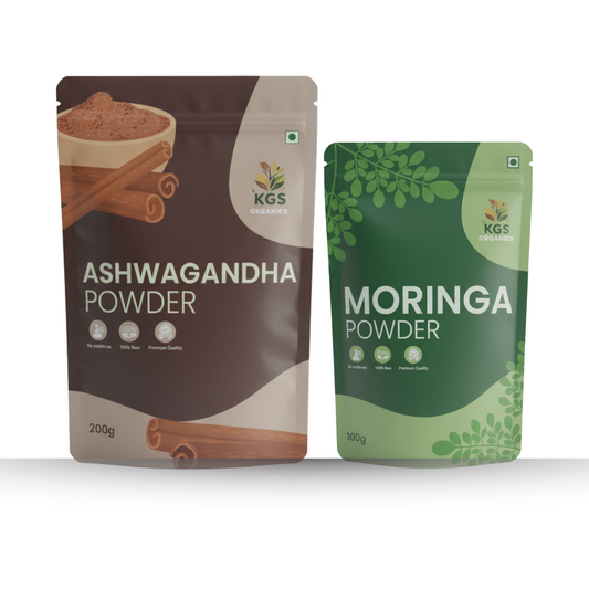 KGS Organics Ashwagandha &  Moringa Powder Combo Pack (200g + 100g)